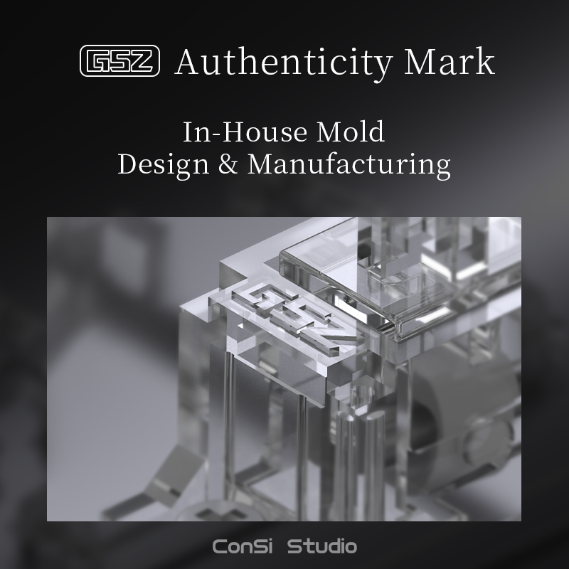 Promotional graphic for GSZ Authenticity Mark, showcasing a clear acrylic or glass mold with the GSZ logo. The image features a dark gray to black gradient background with white text reading 'GSZ Authenticity Mark', 'In-House Mold Design & Manufacturing', and 'ConSi Studio'.