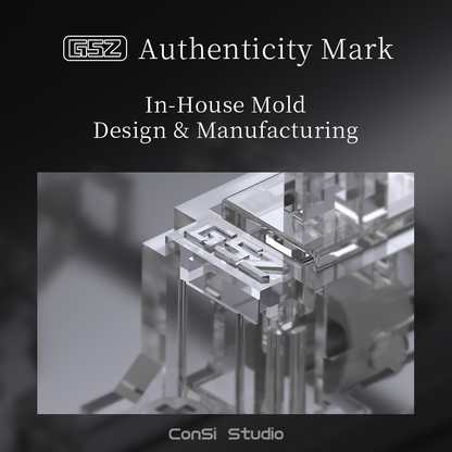 Promotional graphic for GSZ Authenticity Mark, showcasing a clear acrylic or glass mold with the GSZ logo. The image features a dark gray to black gradient background with white text reading 'GSZ Authenticity Mark', 'In-House Mold Design & Manufacturing', and 'ConSi Studio'.