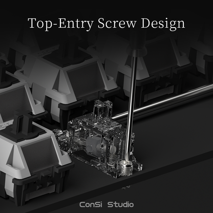 A dark promotional render showing a transparent mechanical switch core with a long metal stem and a large screwdriver positioned vertically, under the text 'Top-Entry Screw Design.' The ConSi Studio name appears at the bottom.