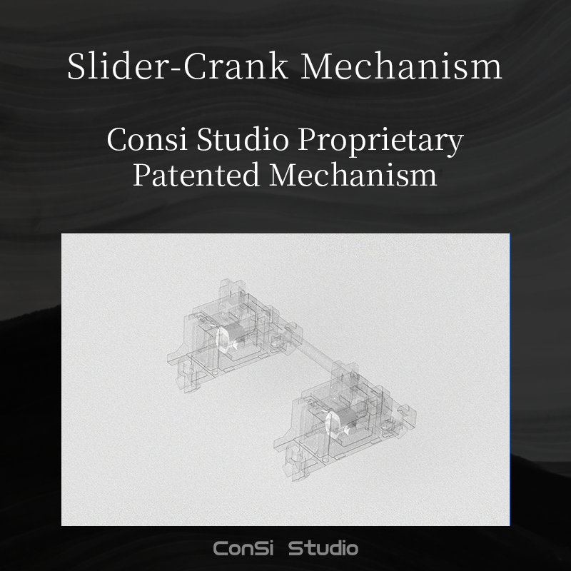 A promotional graphic for the Consi Studio Slider-Crank Mechanism, featuring a white rectangular panel with a gray technical 3D schematic of the mechanism in the center, set against a dark textured background with white text.