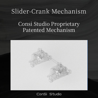 A promotional graphic for the Consi Studio Slider-Crank Mechanism, featuring a white rectangular panel with a gray technical 3D schematic of the mechanism in the center, set against a dark textured background with white text.