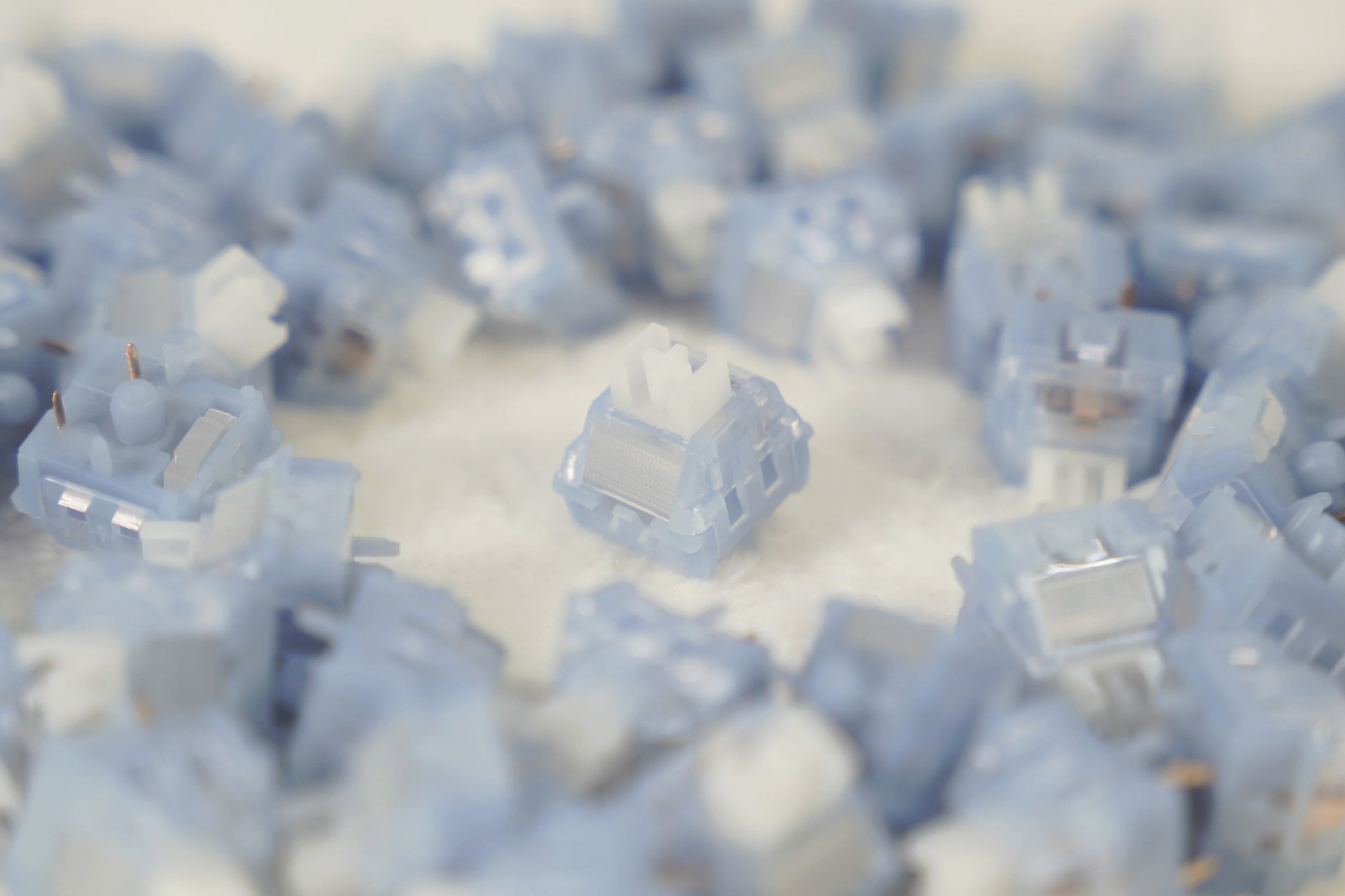 A close-up, shallow depth-of-field shot of multiple light blue and translucent mechanical keyboard switches scattered on a white surface, with one switch in sharp focus in the center.