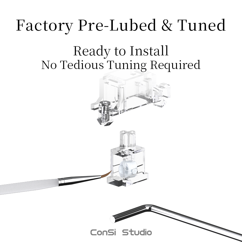 Clear and silver needle driver tool set with text reading 'Factory Pre-Lubed & Tuned' and 'Ready to Install No Tedious Tuning Required' on a white background, with ConSi Studio branding at the bottom.