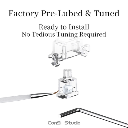 Clear and silver needle driver tool set with text reading 'Factory Pre-Lubed & Tuned' and 'Ready to Install No Tedious Tuning Required' on a white background, with ConSi Studio branding at the bottom.