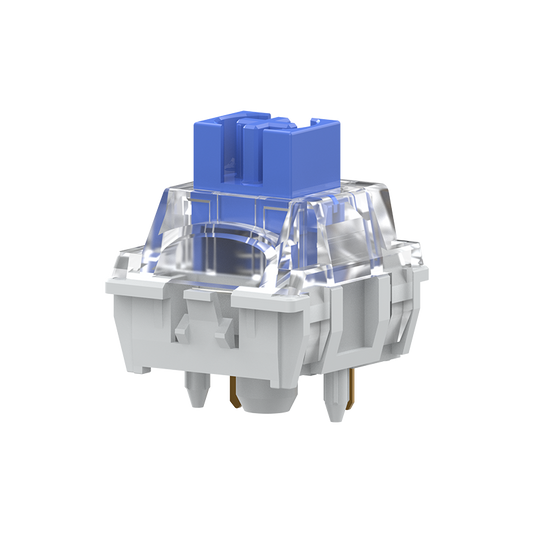 TTC brother v2 Clicky Switch. A mechanical keyboard switch with a blue top plate, a clear acrylic casing, and a white bottom base, shown on a solid white background. 