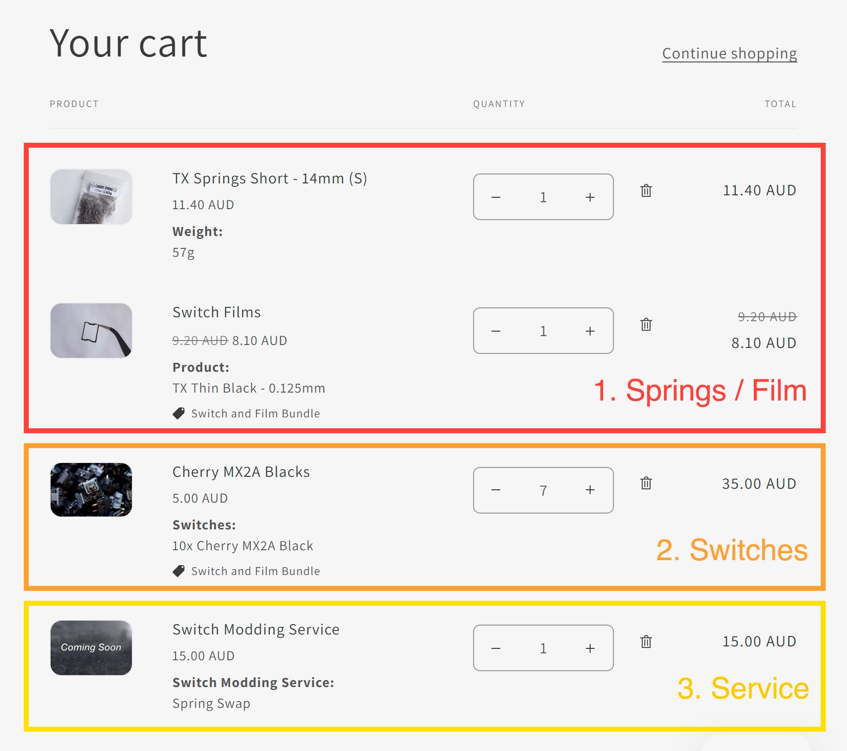 Cart summary with items including springs, films, and switch modding service on a gray background.